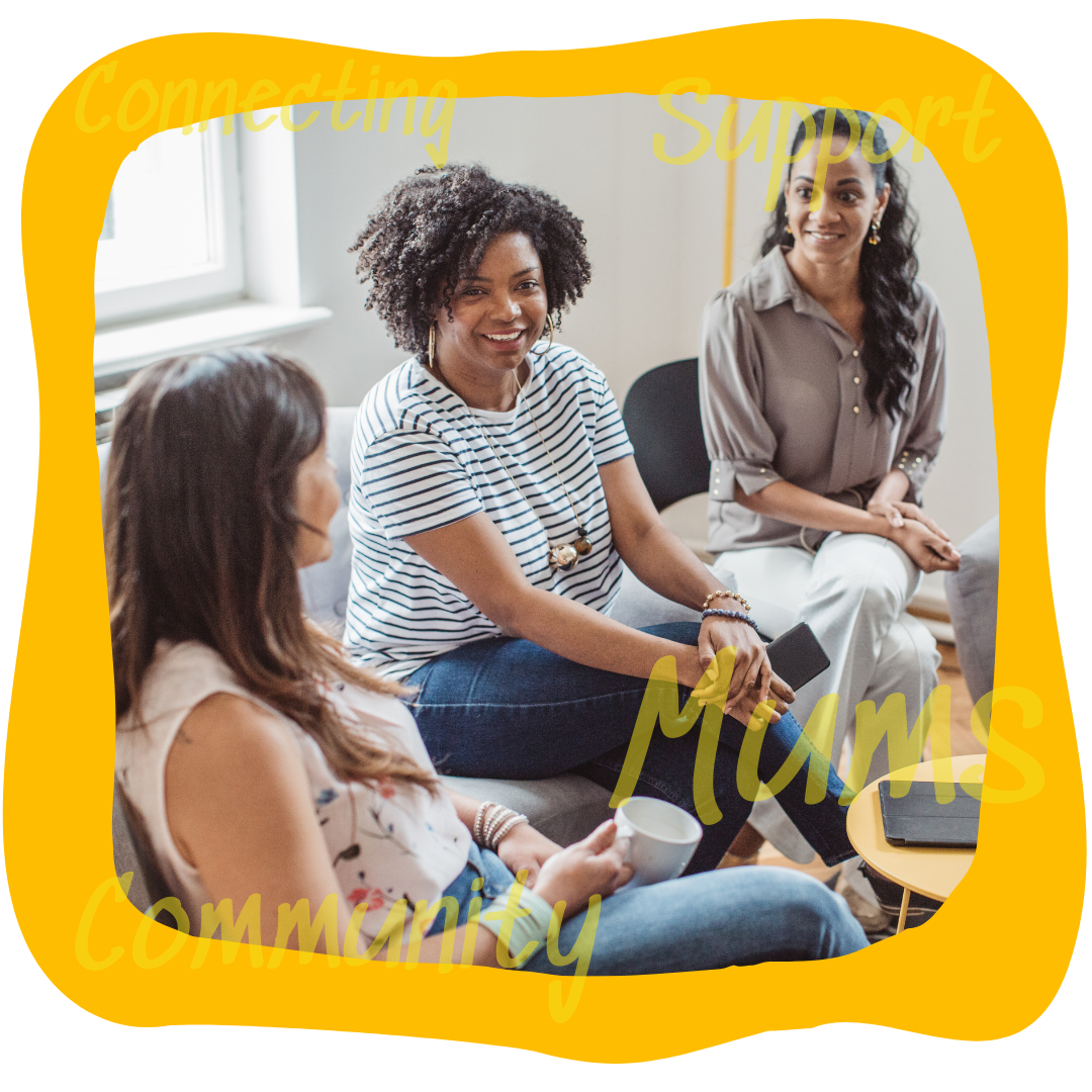 Yellow frame around a picture of three women sitting together, the middle woman looking to the camera, the other two looking at her. The image has the words Mums, Community, Connecting and Support around it