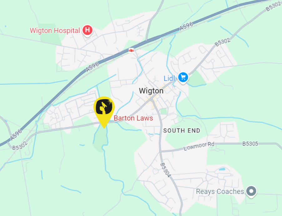 A map with a yellow Happy Mums location marker showing where the wigton group will be held, at barton laws community room. 