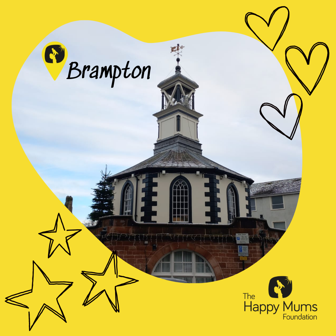 Moot hall Brampton in a bubble on a yellow background