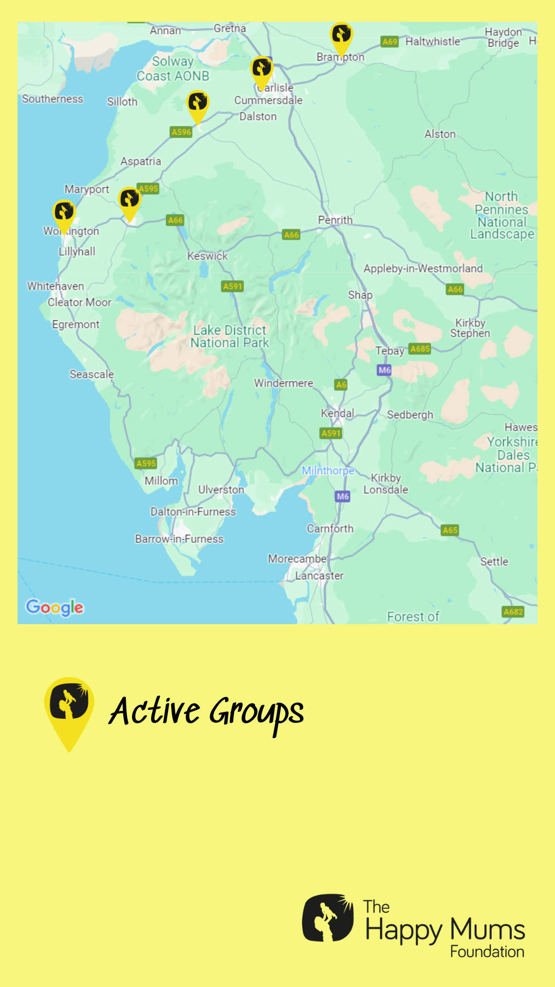 Cumbria Groups Map (1) Map of Cumbria with location markers for in-person groups in Carlisle and Penrith