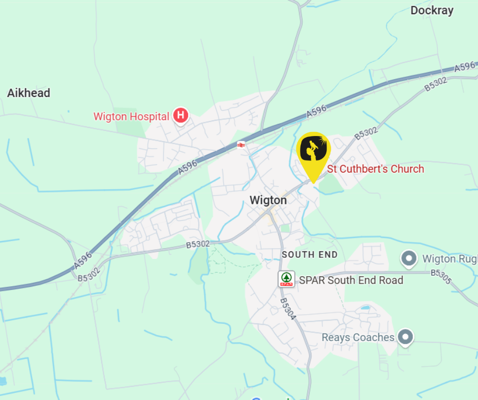 Wigton A map with a yellow Happy Mums location marker showing where the wigton group will be held, at barton laws community room.