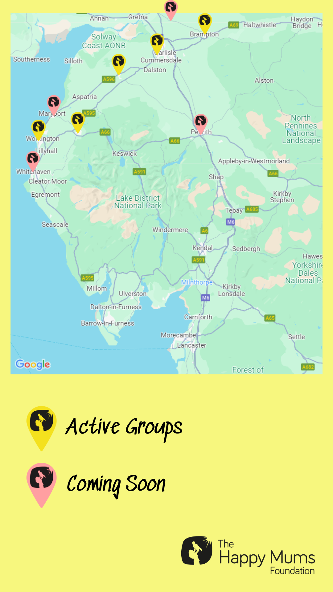 Map of Cumbria with location markers for in-person groups in Carlisle and Penrith